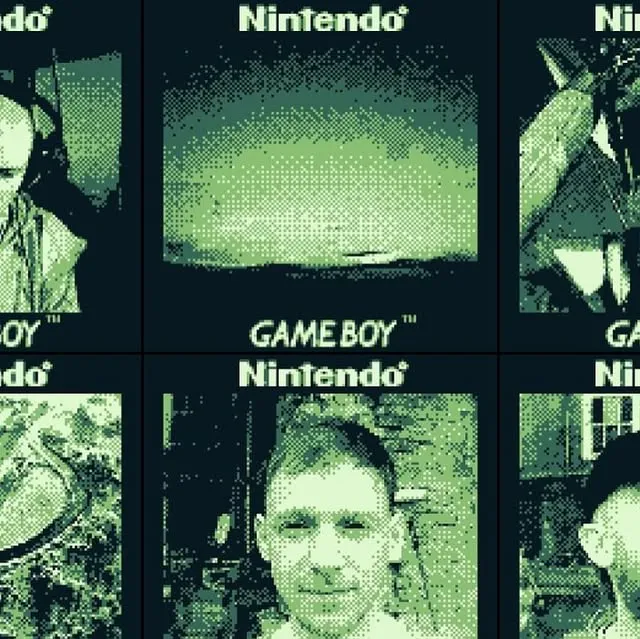 A grid of greenish, pixelated Game Boy Camera photos in frames reading Nintendo and Game Boy: a man's portrait, a festival scene, leaves